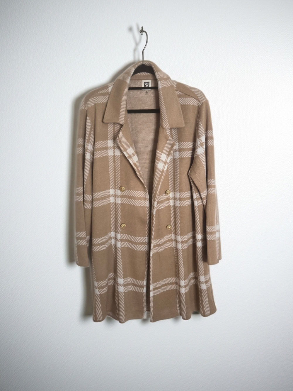 Anne Klein Camel & Cream Plaid Double-Breasted Coatigan Womens Size XL